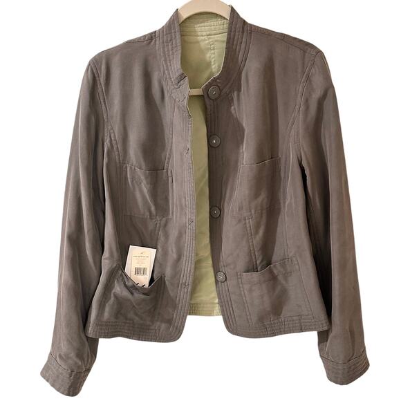 Reversible Bomber Jacket 100% Silk Magnetic Snap, Herbal Green Gray, 10 - Picture 2 of 13